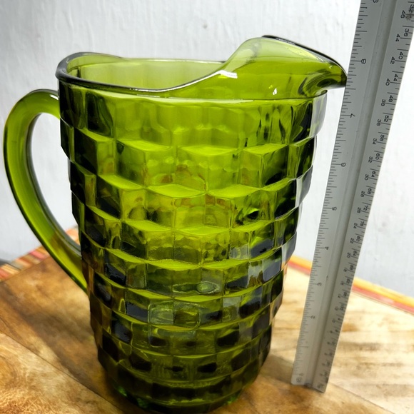 1960s Indiana Whitehall Glass Avocado Green Cubist Pattern Pitcher - Picture 3 of 9